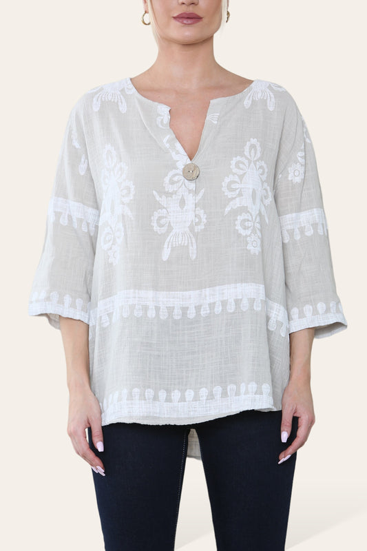 PAISLEY PRINT GRANDAD COLLAR BUTTON FRONT TOP STONE