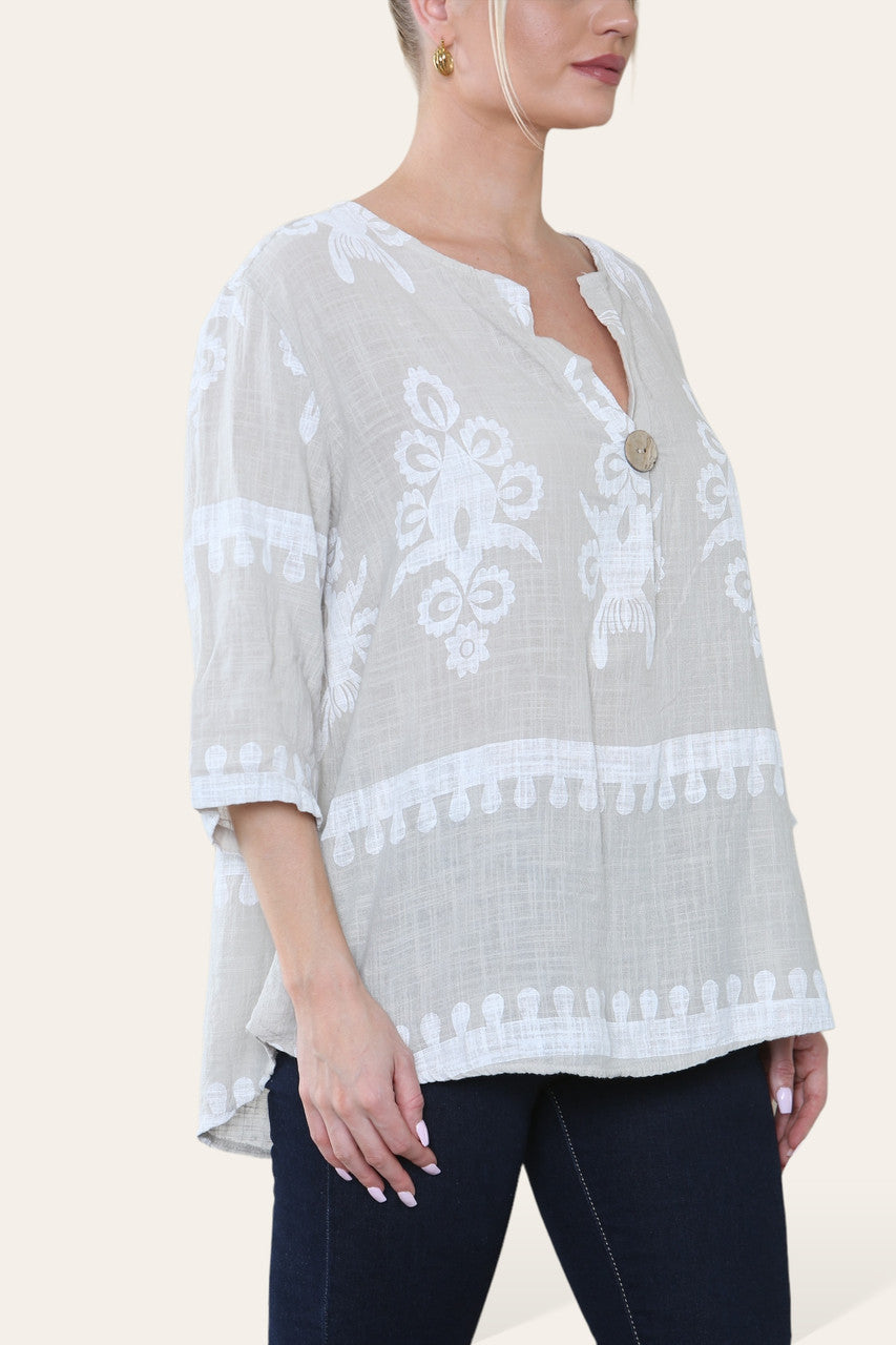 PAISLEY PRINT GRANDAD COLLAR BUTTON FRONT TOP STEENKLEURIG