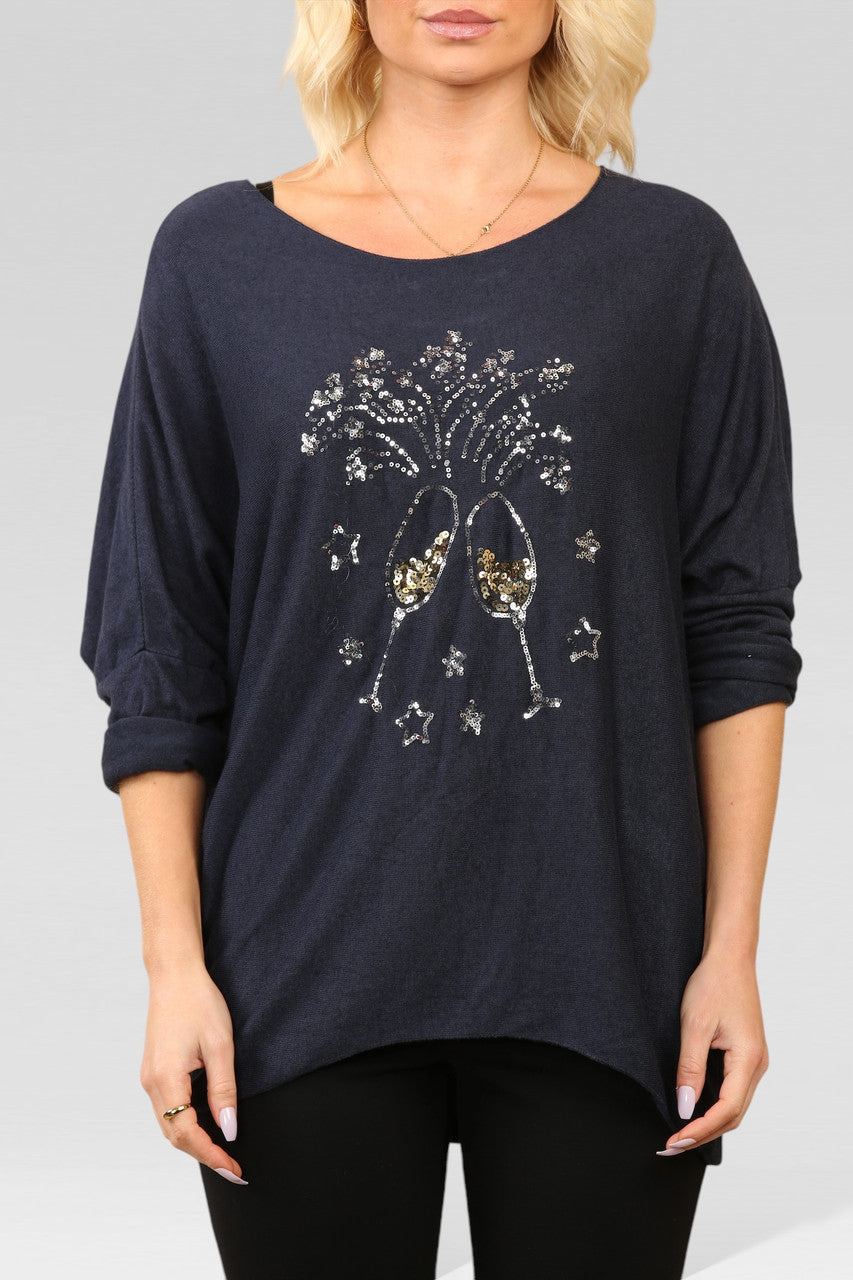 SEQUIN CHAMPAGNE GLASS SPARKLE FINE KNIT JUMPER TOP NAVY