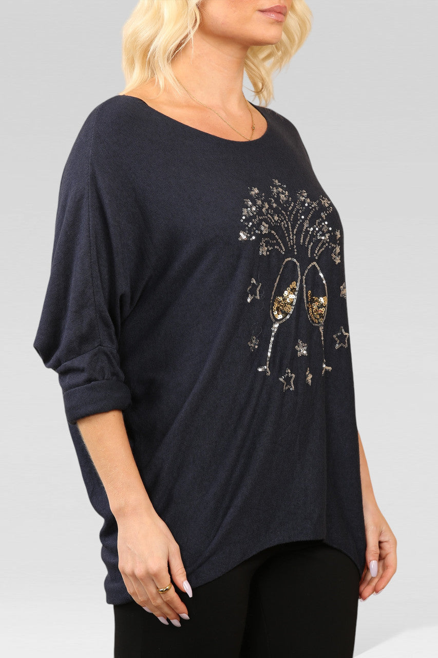 SEQUIN CHAMPAGNE GLASS SPARKLE FINE KNIT JUMPER TOP NAVY