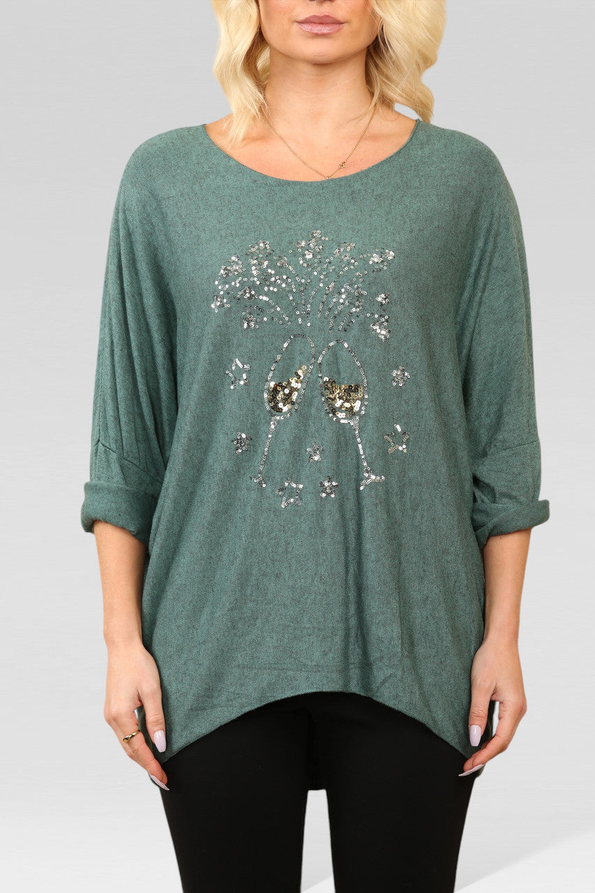 SEQUIN CHAMPAGNE GLASS SPARKLE FINE KNIT JUMPER TOP GREEN
