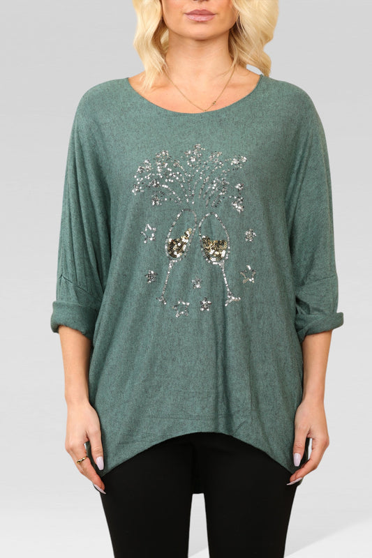 SEQUIN CHAMPAGNE GLASS SPARKLE FINE KNIT JUMPER TOP GREEN