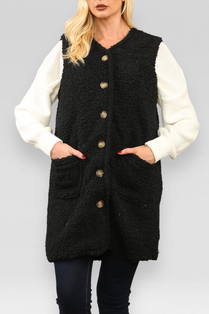 TEDDY BUTTON & POCKET DETAIL GILET BLACK