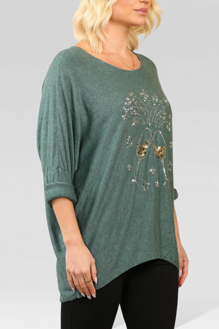 SEQUIN CHAMPAGNE GLASS SPARKLE FINE KNIT JUMPER TOP GREEN