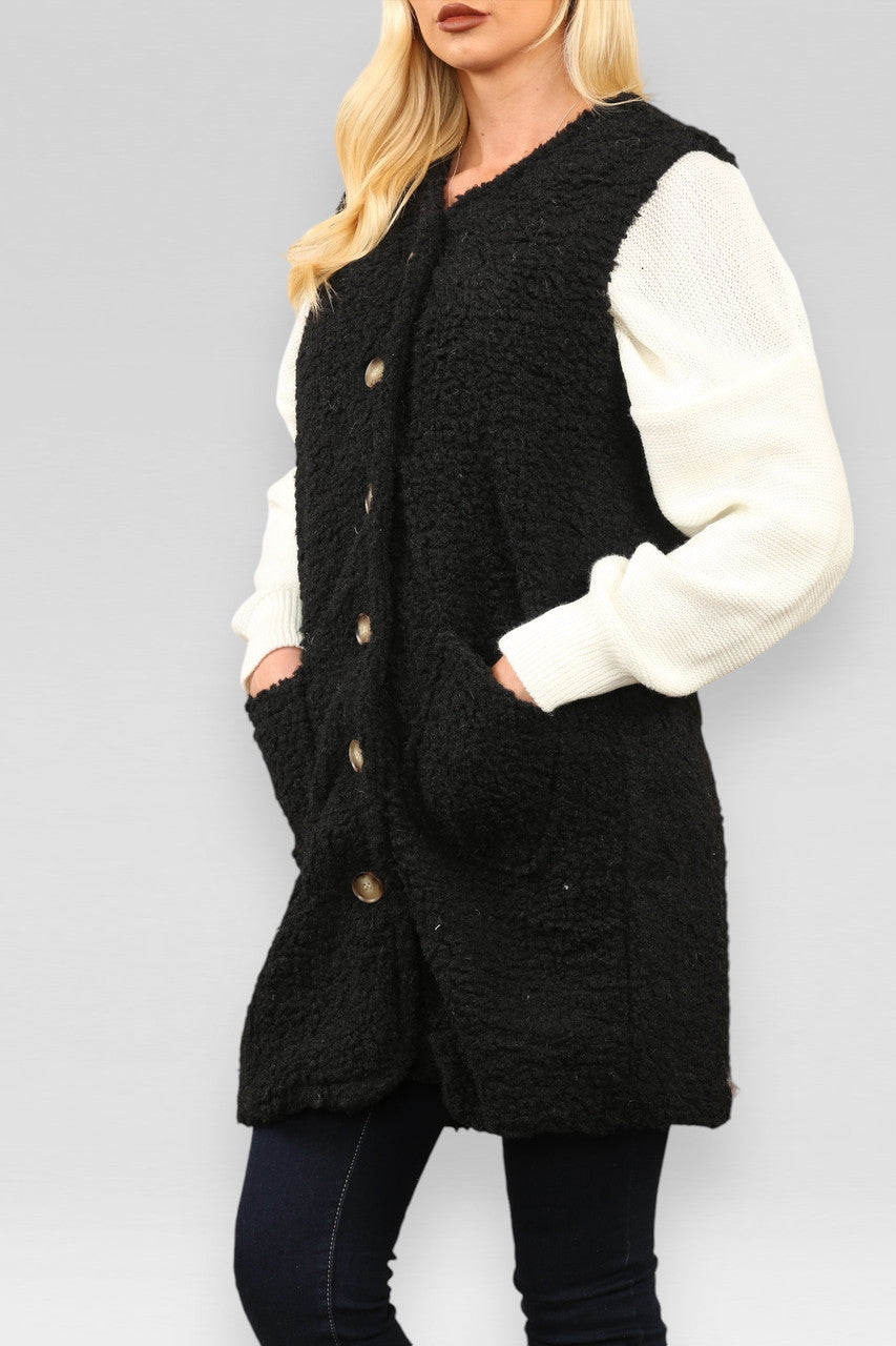 TEDDY BUTTON & POCKET DETAIL GILET BLACK