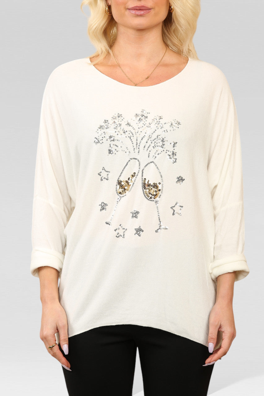 SEQUIN CHAMPAGNE GLASS SPARKLE FINE KNIT JUMPER TOP WHITE