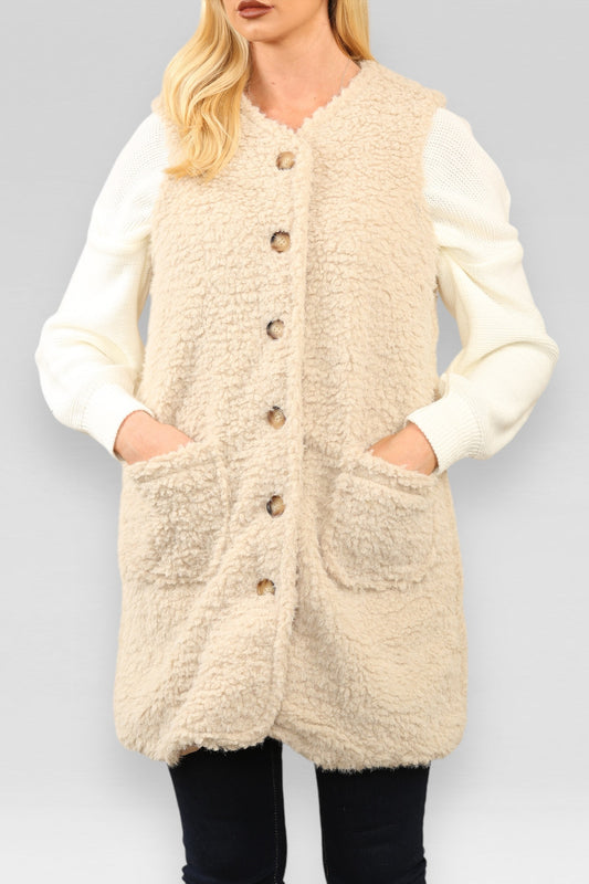 TEDDY GILET MET KNOPEN EN ZAKKEN STEENKLEURIG