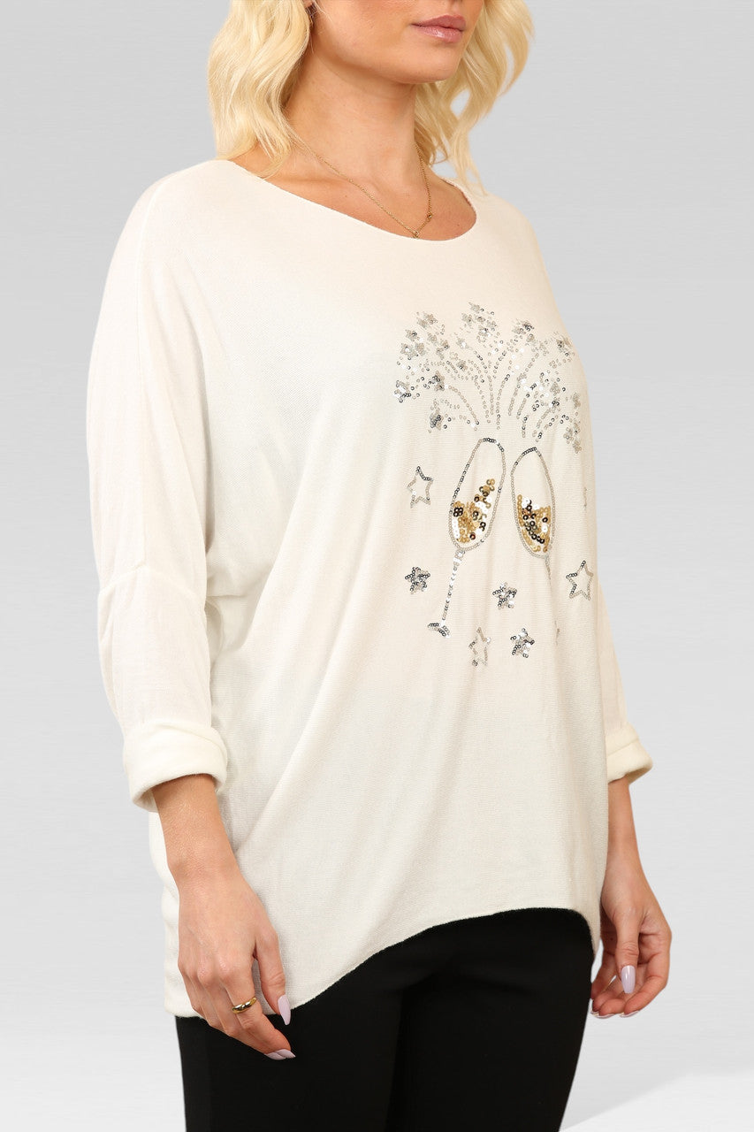 SEQUIN CHAMPAGNE GLASS SPARKLE FINE KNIT JUMPER TOP WHITE