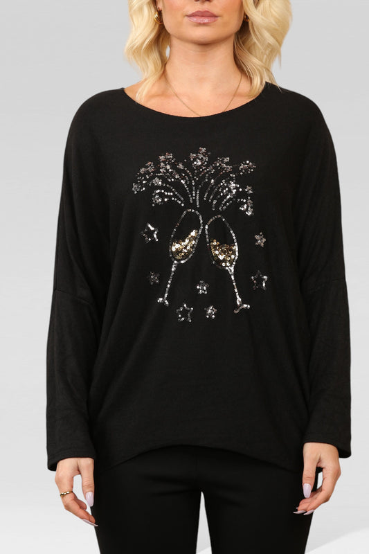 SEQUIN CHAMPAGNE GLASS SPARKLE FINE KNIT JUMPER TOP BLACK