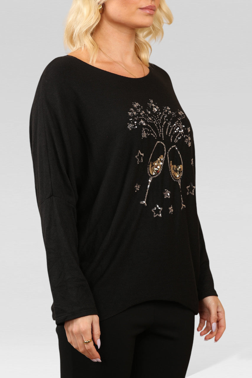 SEQUIN CHAMPAGNE GLASS SPARKLE FINE KNIT JUMPER TOP BLACK