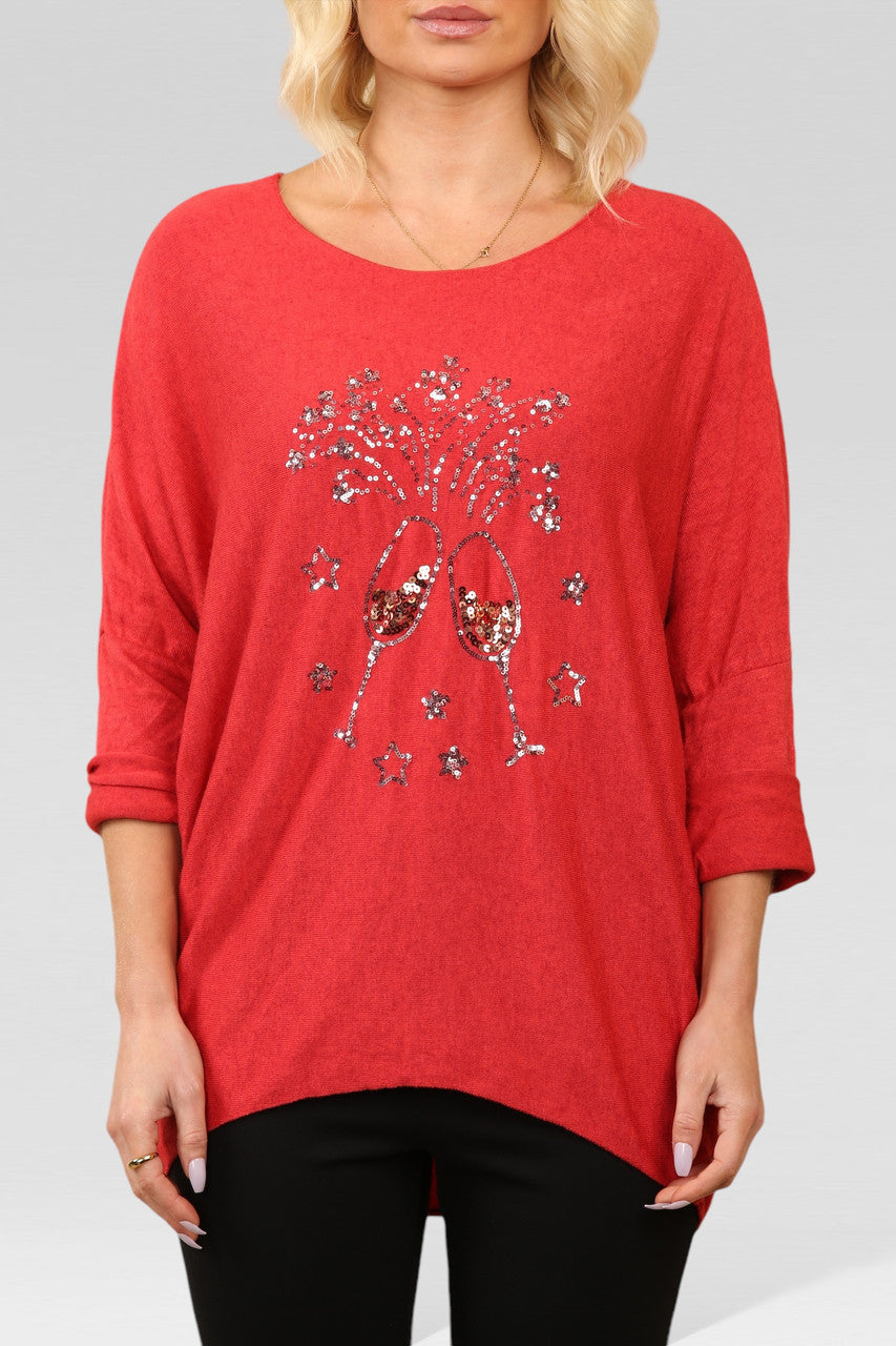 SEQUIN CHAMPAGNE GLASS SPARKLE FINE KNIT JUMPER TOP RED