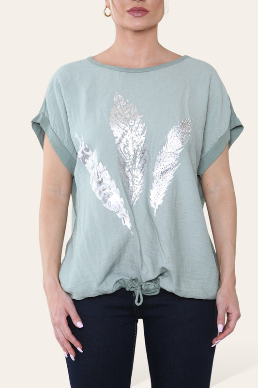 FEATHER FOIL GRAPHIC TOP KHAKI