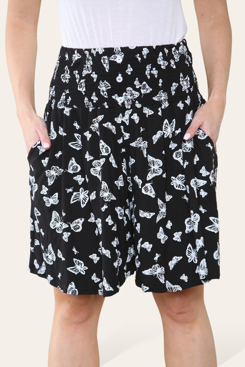 BUTTERFLY PRINT ELASTICATED WAISTBAND SKORTS BLACK