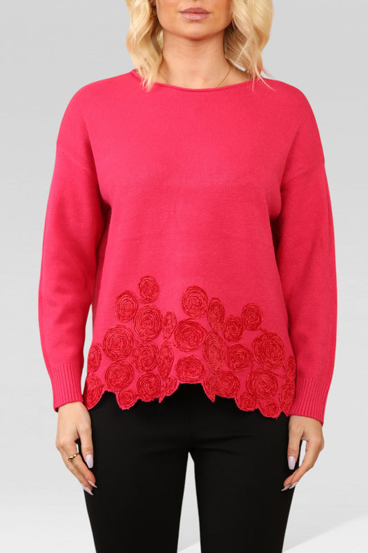 SWIRL HEM EMBOSSED KNITTED JUMPER RED
