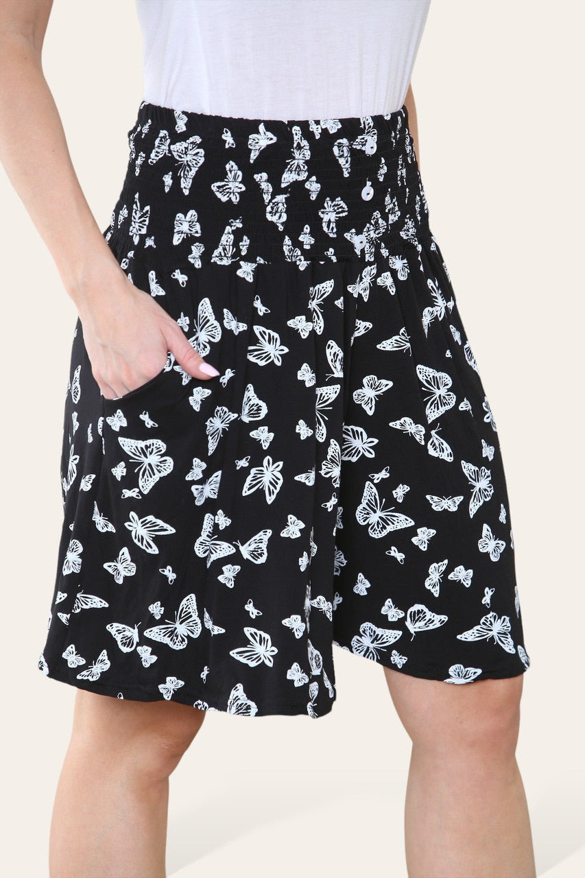 BUTTERFLY PRINT ELASTICATED WAISTBAND SKORTS BLACK