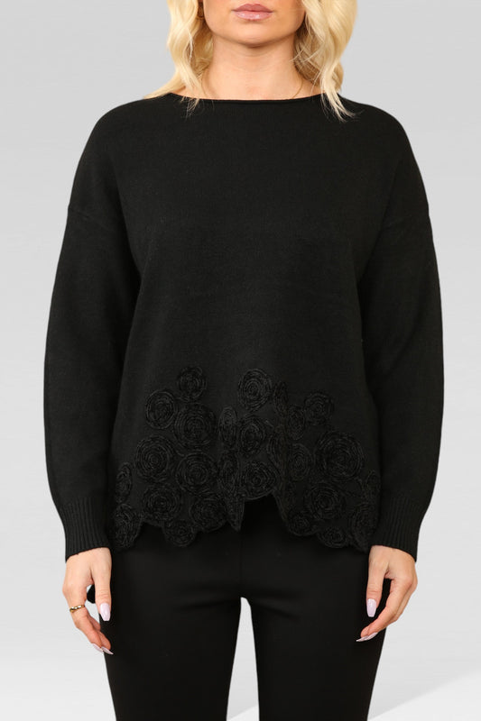 SWIRL HEM EMBOSSED KNITTED JUMPER BLACK