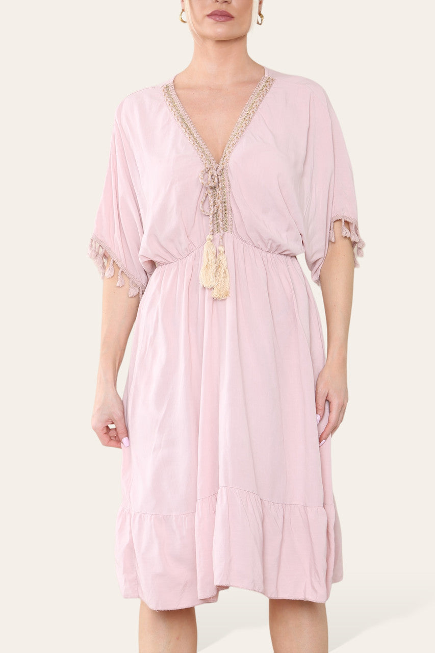 ROPE TASSEL DETAIL MIDI DRESS DUSTY PINK