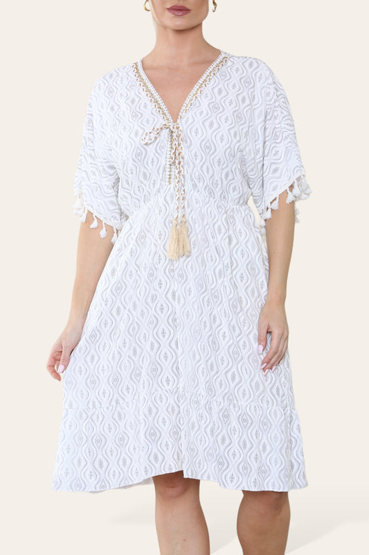 AZTEC ROPE TASSEL DETAIL MIDI DRESS WHITE