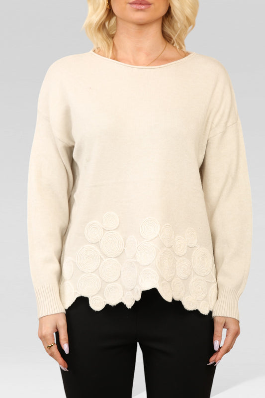 SWIRL HEM EMBOSSED KNITTED JUMPER BEIGE