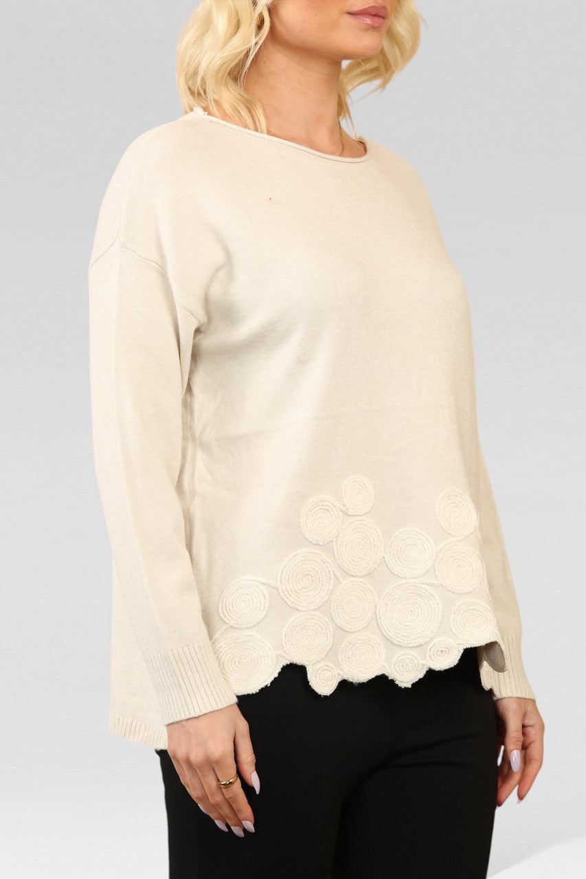 SWIRL HEM EMBOSSED KNITTED JUMPER BEIGE