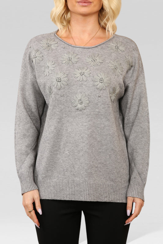 FLORAL EMBOSSED KNITTED JUMPER GREY