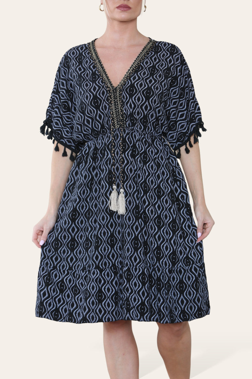 AZTEC ROPE TASSEL DETAIL MIDI DRESS BLACK