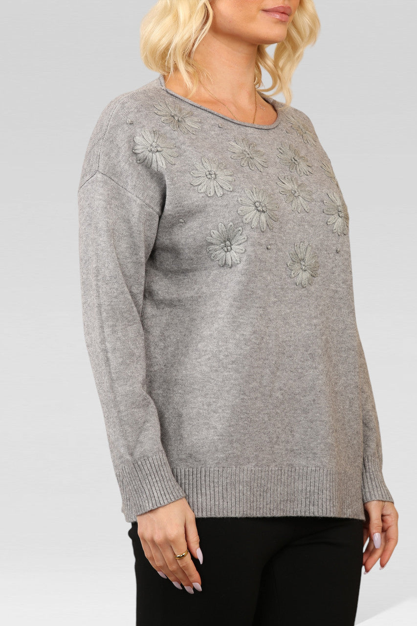 FLORAL EMBOSSED KNITTED JUMPER GREY