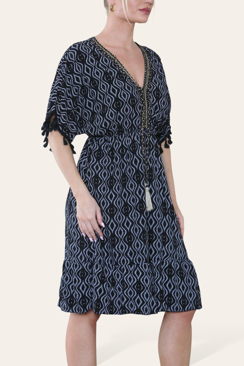 AZTEC ROPE TASSEL DETAIL MIDI DRESS BLACK
