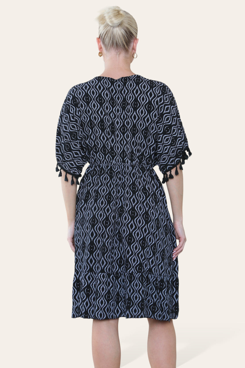 AZTEC ROPE TASSEL DETAIL MIDI DRESS BLACK