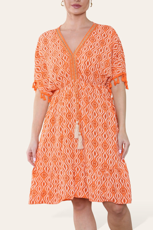 AZTEC ROPE TASSEL DETAIL MIDI DRESS ORANGE