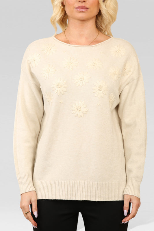 FLORAL EMBOSSED KNITTED JUMPER BEIGE