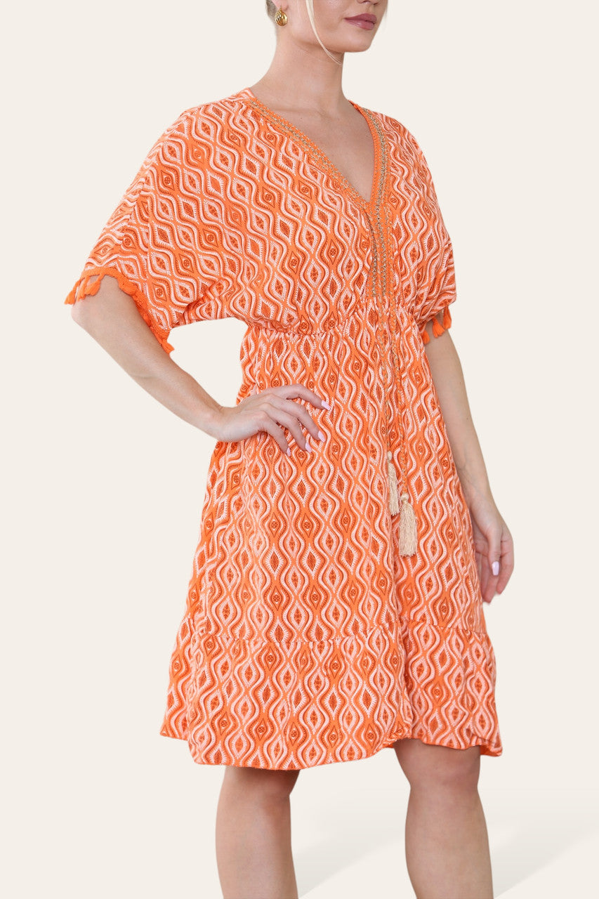 AZTEC ROPE KWAS DETAIL MIDI JURK ORANJE