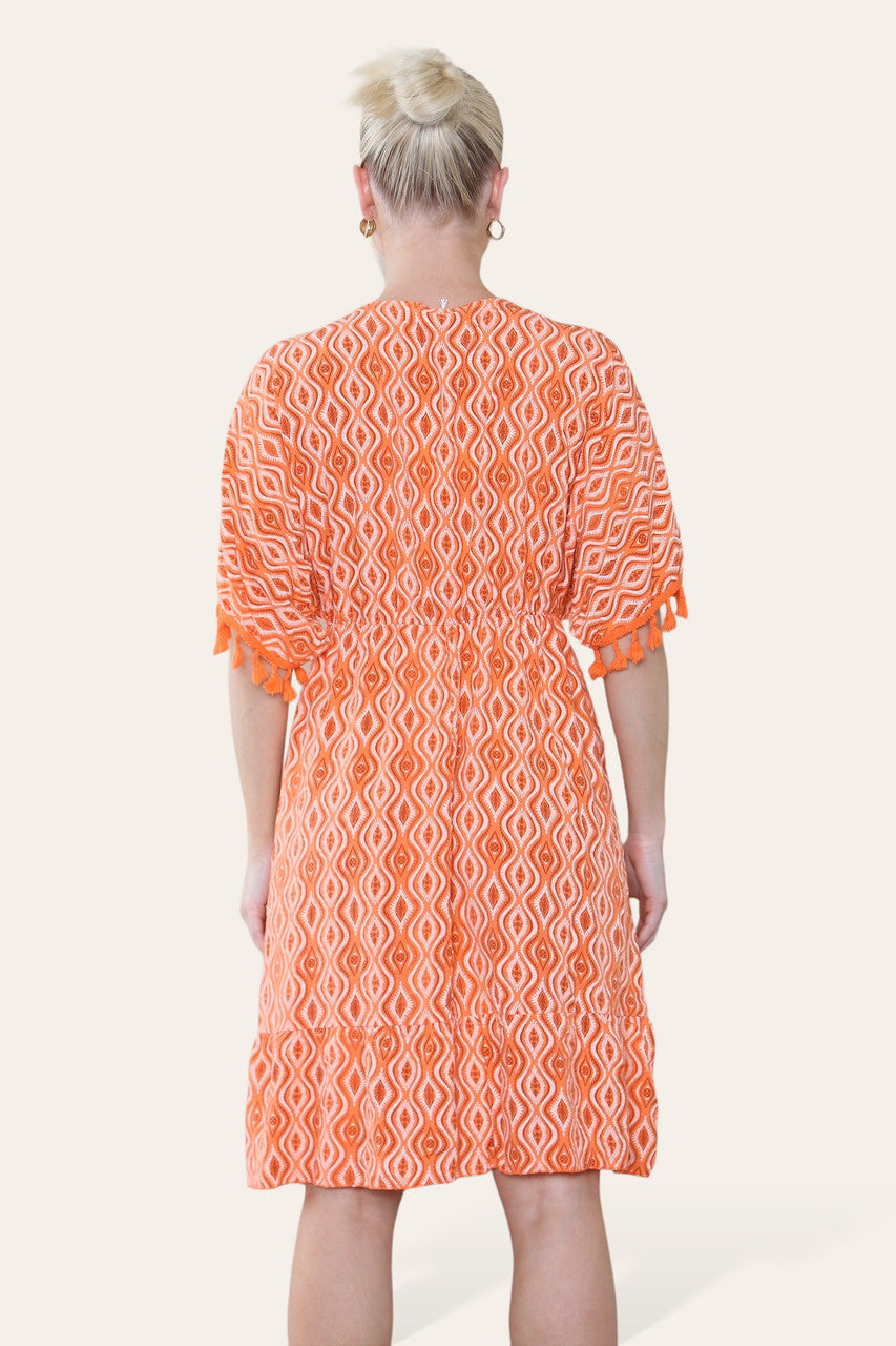 AZTEC ROPE KWAS DETAIL MIDI JURK ORANJE