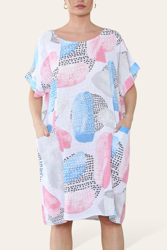 ABSTRACT MIX PRINT MIDI DRESS WHITE