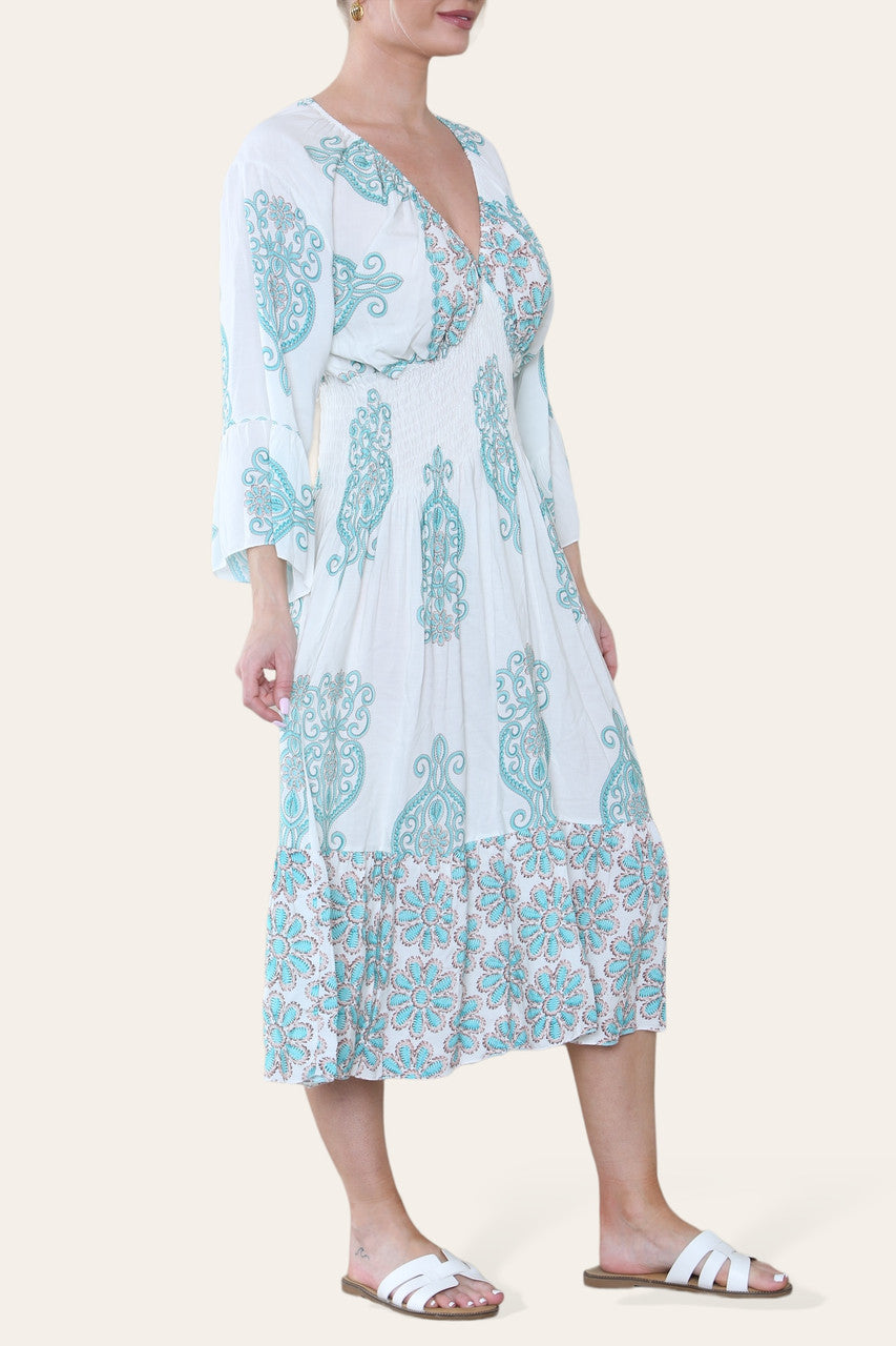 ELASTICATED WAIST PAISLEY PRINT MIDI DRESS TIFFANY
