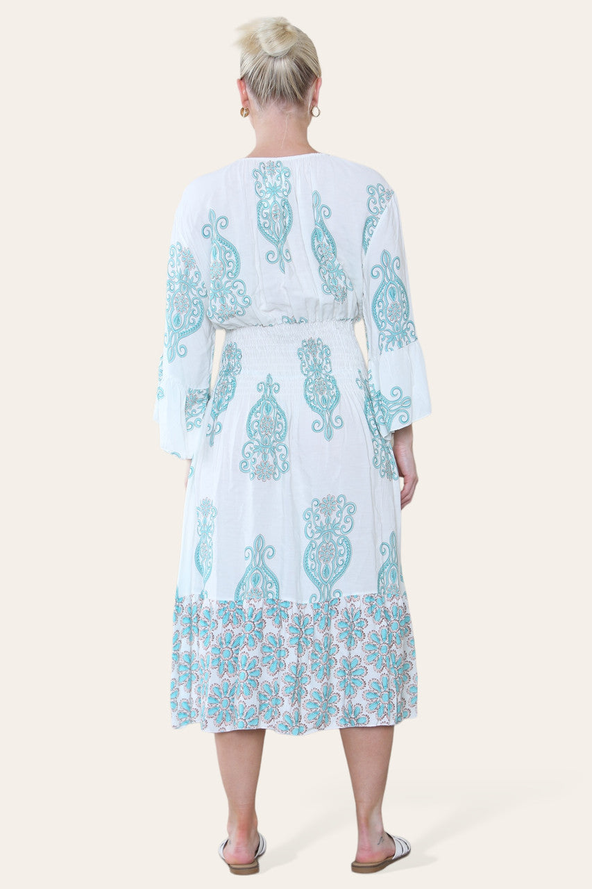 ELASTICATED WAIST PAISLEY PRINT MIDI DRESS TIFFANY