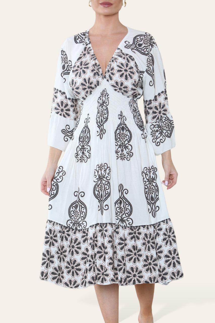 ELASTISCHE TAILLE MIDI JURK MET PAISLEYPRINT ZWART