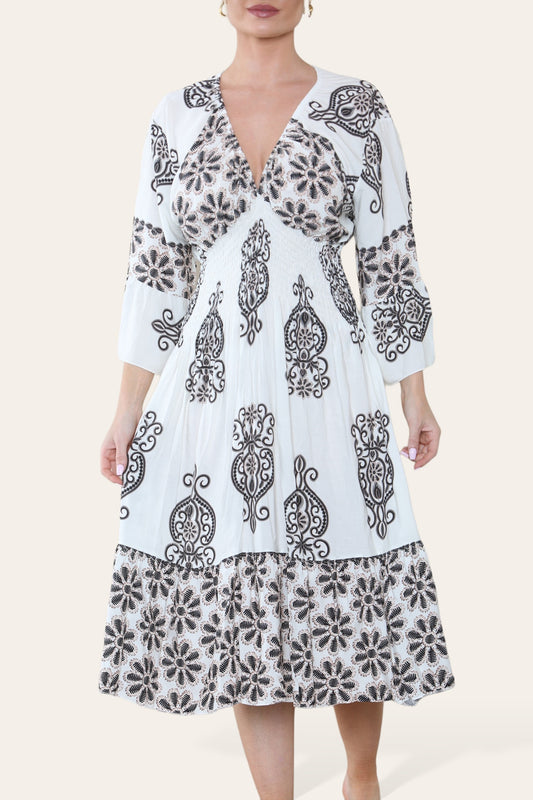 ELASTICATED WAIST PAISLEY PRINT MIDI DRESS BLACK