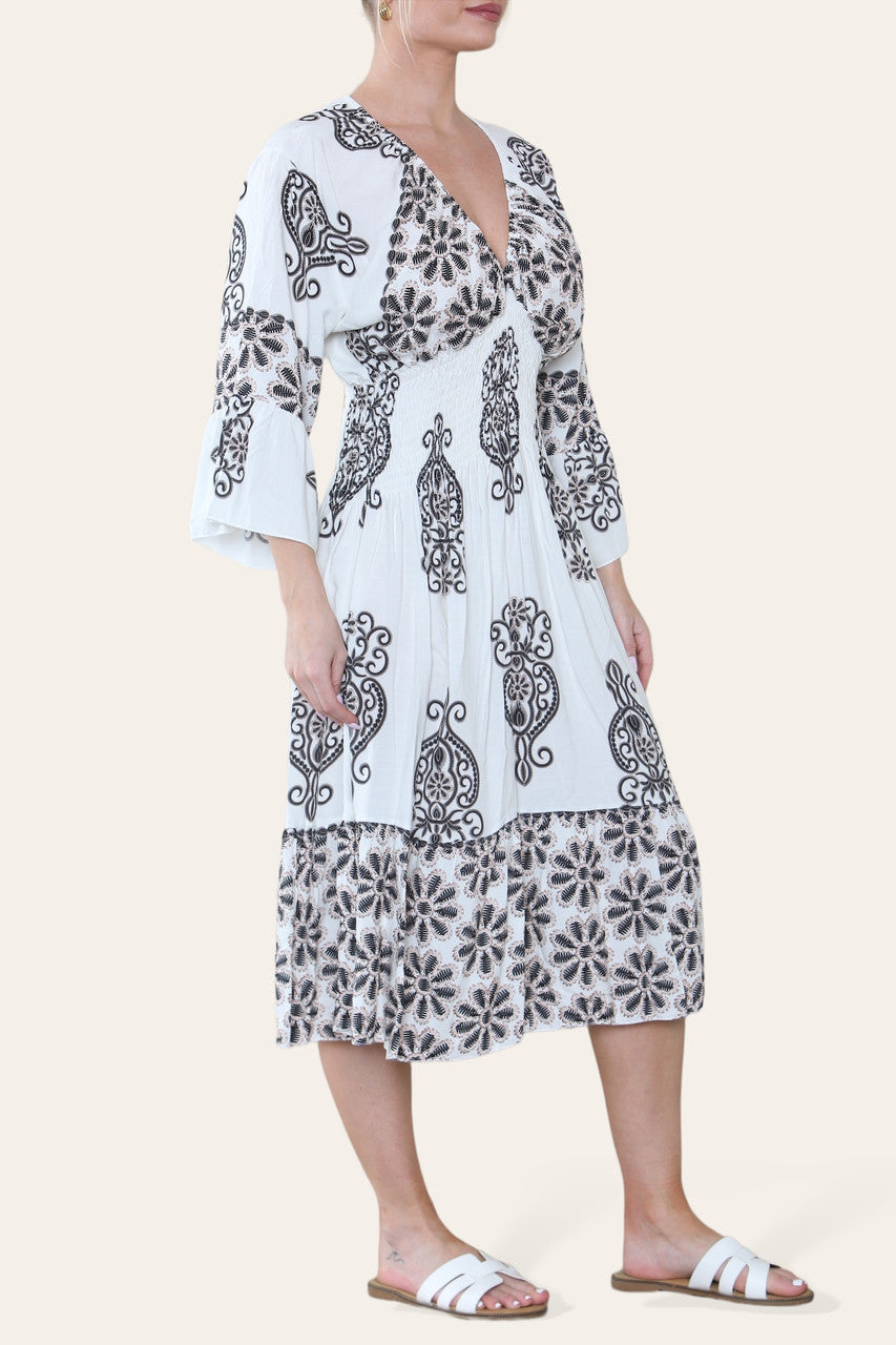 ELASTISCHE TAILLE MIDI JURK MET PAISLEYPRINT ZWART