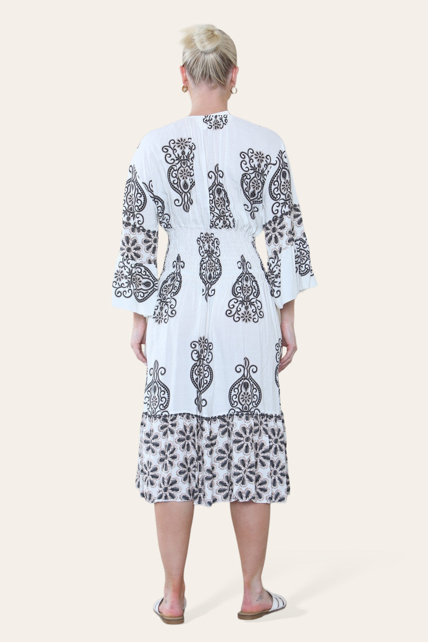 ELASTISCHE TAILLE MIDI JURK MET PAISLEYPRINT ZWART