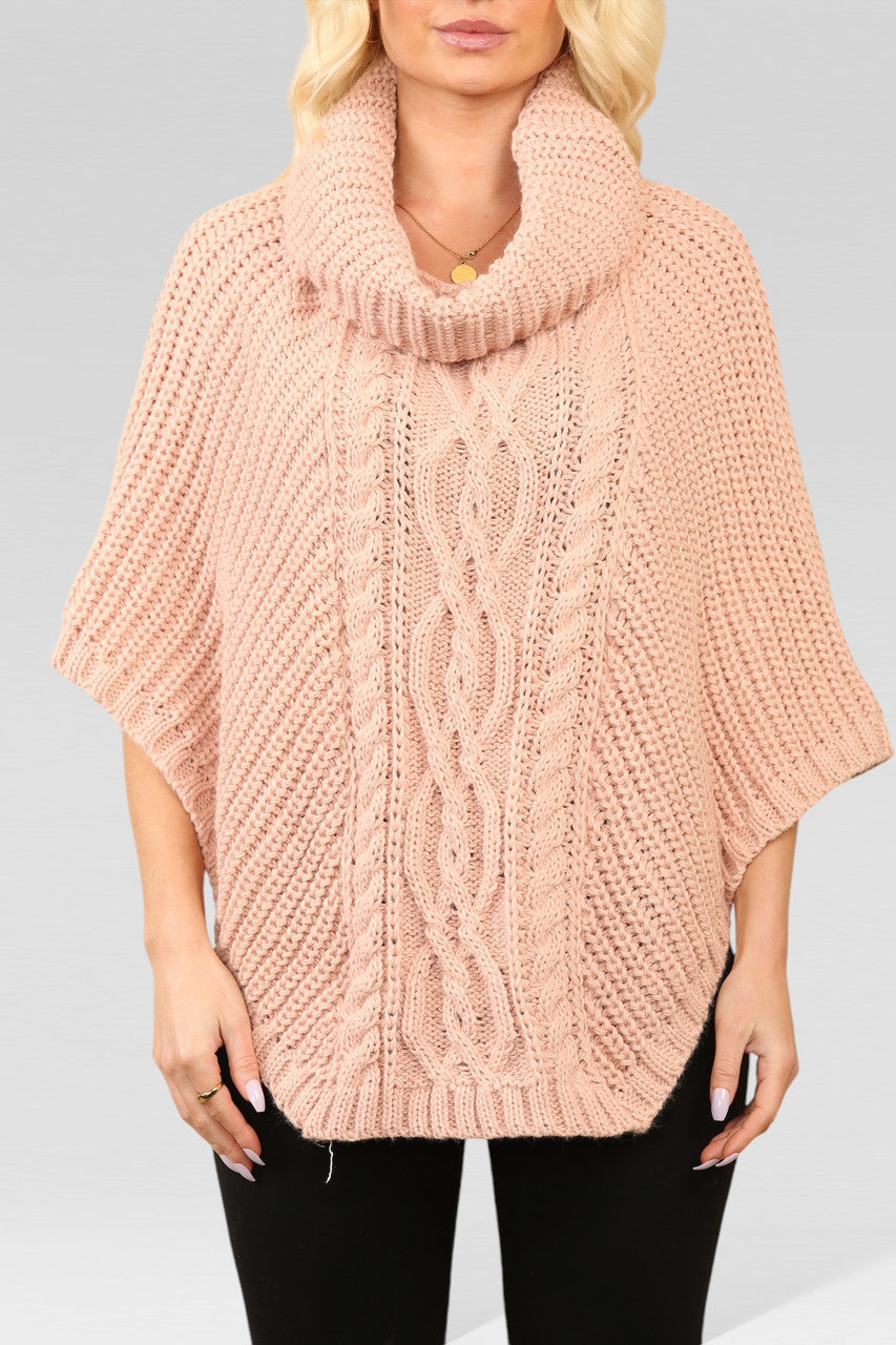 CABLE KNITTED COWL NECK PONCHO DUSTY PINK