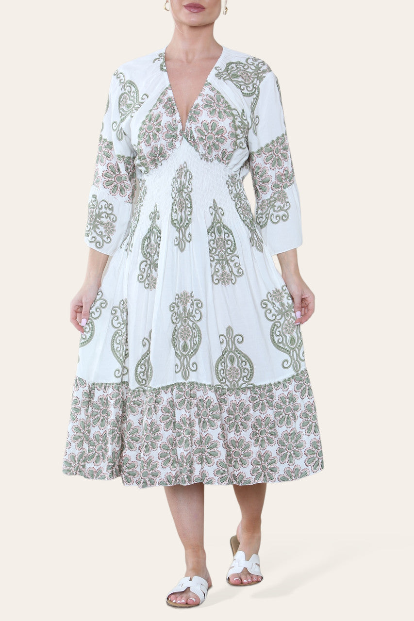 MIDI-JURK MET PAISLEYPRINT EN ELASTISCHE TAILLE KHAKI