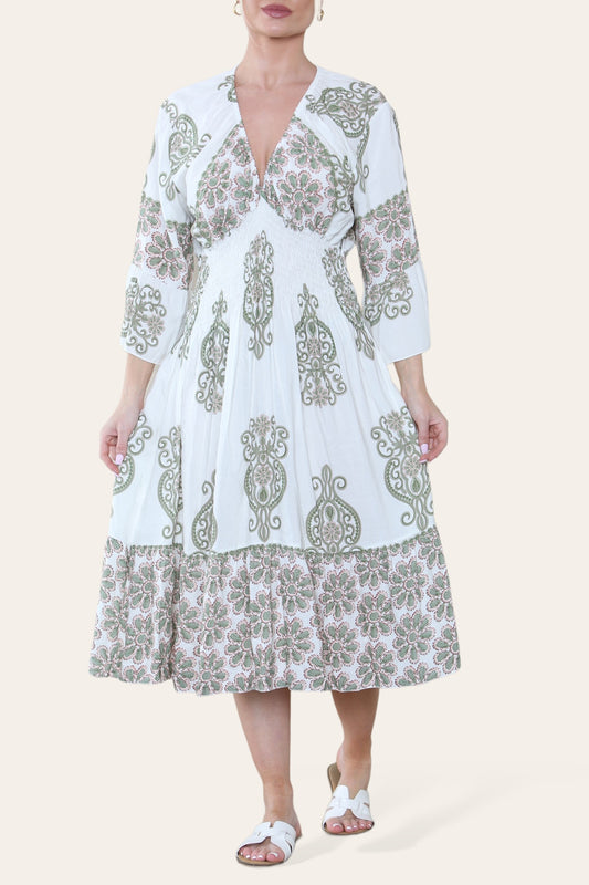 ELASTICATED WAIST PAISLEY PRINT MIDI DRESS KHAKI