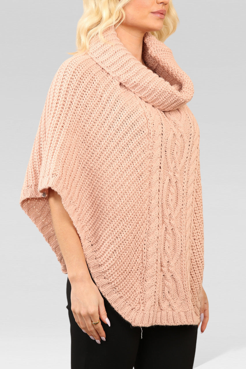 CABLE KNITTED COWL NECK PONCHO DUSTY PINK
