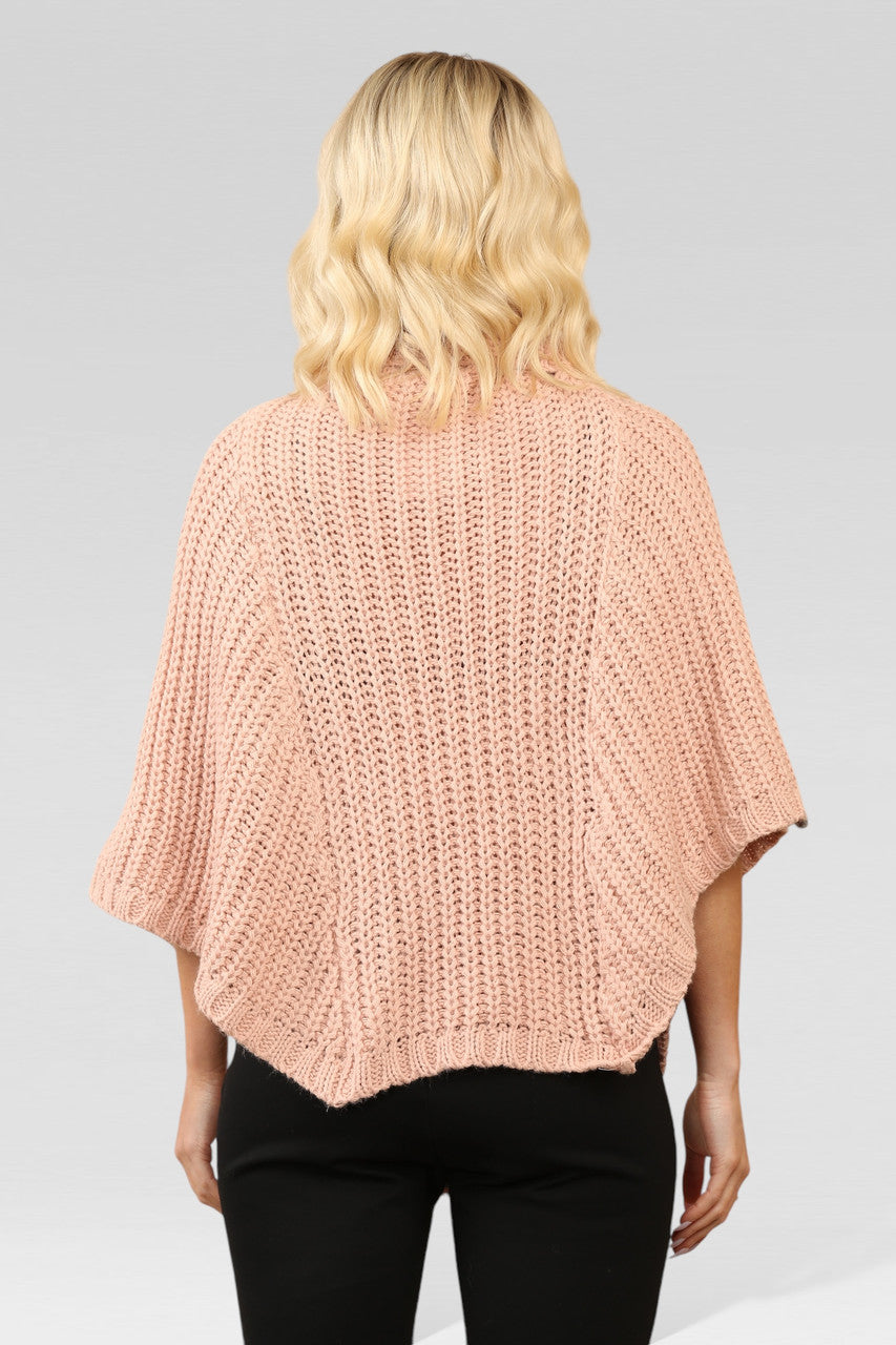 CABLE KNITTED COWL NECK PONCHO DUSTY PINK