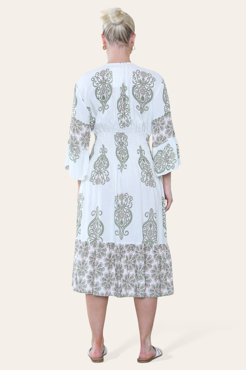 MIDI-JURK MET PAISLEYPRINT EN ELASTISCHE TAILLE KHAKI