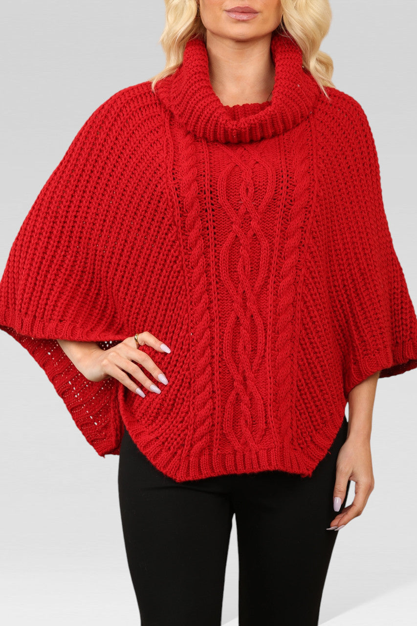 KABELGEBREIDE PONCHO MET COL Rood