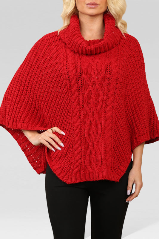 CABLE KNITTED COWL NECK PONCHO RED