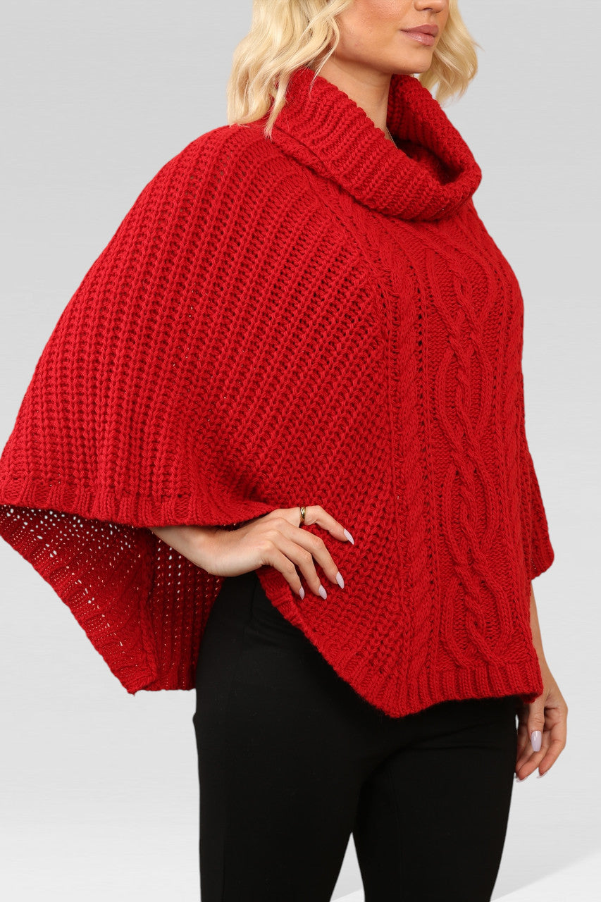 KABELGEBREIDE PONCHO MET COL Rood