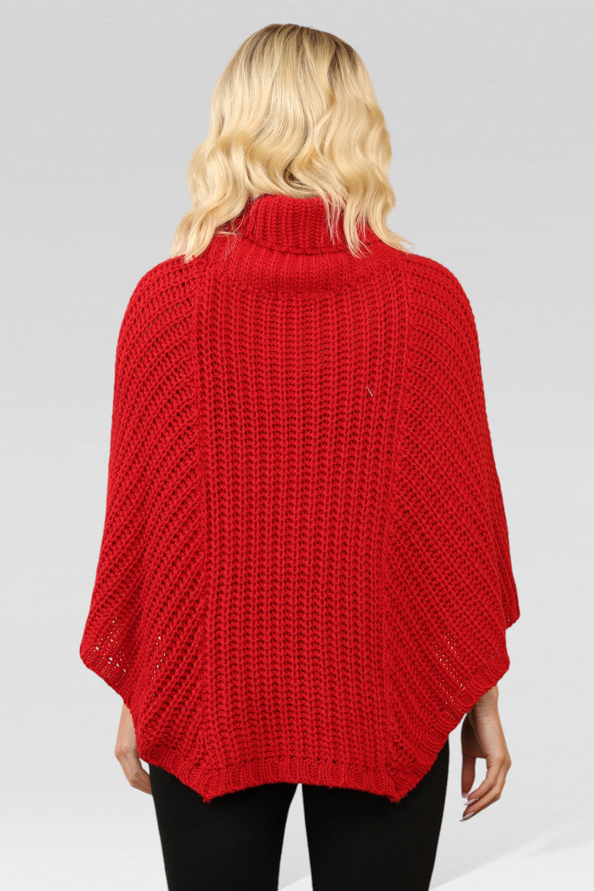 KABELGEBREIDE PONCHO MET COL Rood